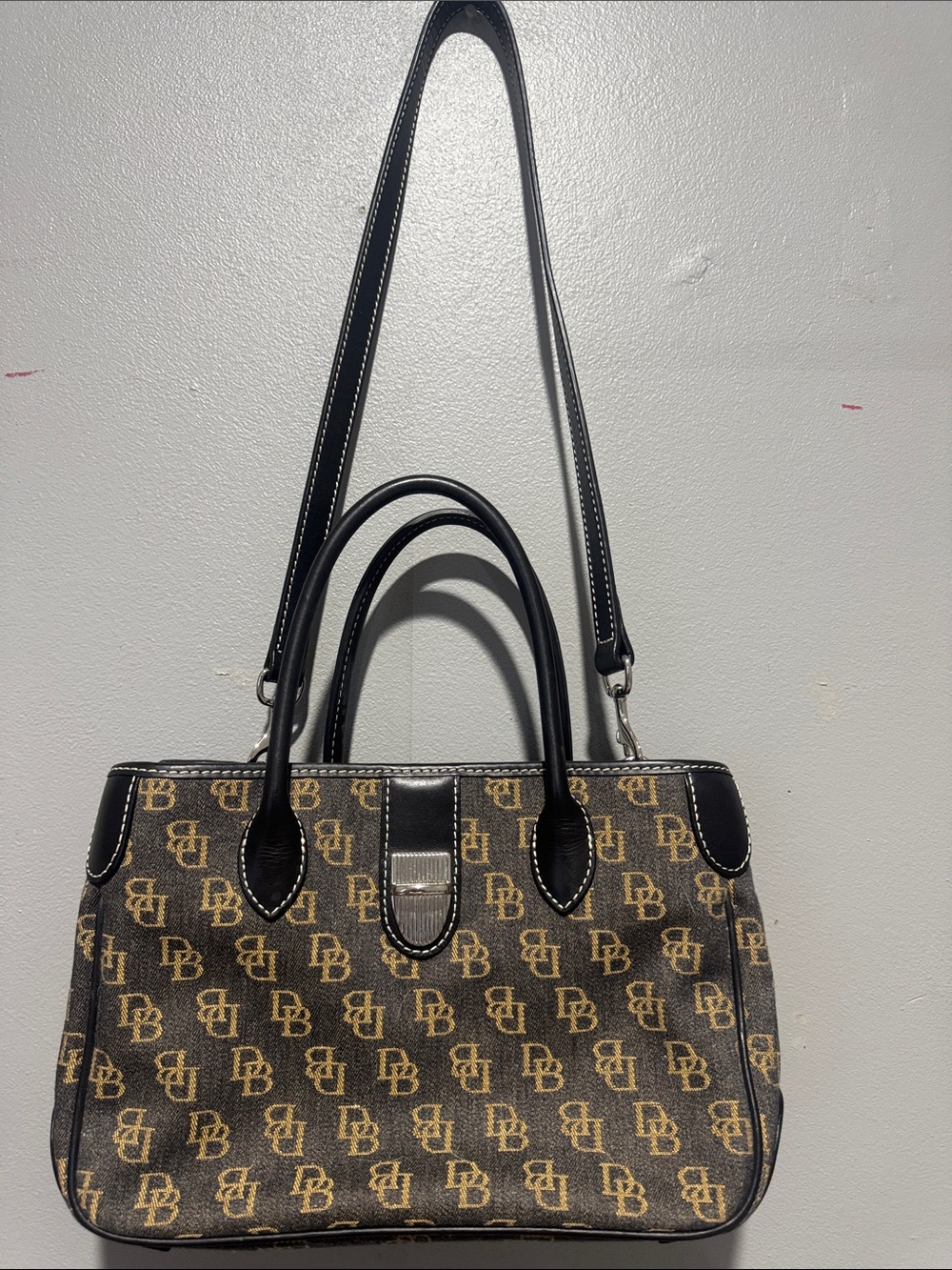 Authentic Dooney & Bourke Brown and Black Monogram Satchel with Removable Strap